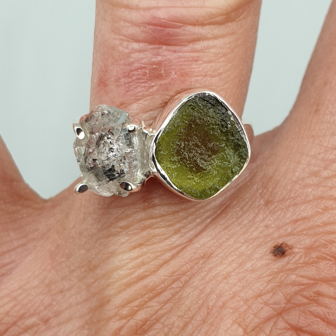 925 Sterling zilveren ring Herkimer diamant en Moldaviet 16.5 mm