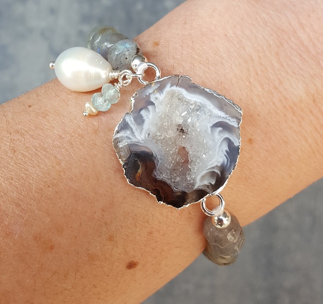 Zilveren armband Agaat Geode, Labradoriet, Parel en Aquamarijn