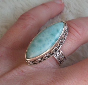 Zilveren ring met grote marquise Larimar bewerkte setting 17.3 m