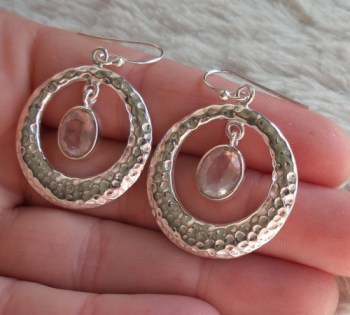Zilveren ronde oorbellen en met ovale facet Rozenkwarts