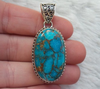 Zilveren hanger ovale koper blauw Turkoois bewerkte setting