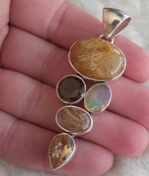 Zilveren hanger met Opaal, gouden Rutielkwarts en Citrien