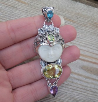 Zilveren hanger met gezicht, Topaas, Amethist en Peridot