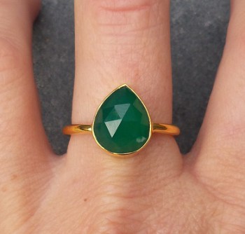 Vergulde ring met druppelvorm facet groene Onyx 18.5 mm