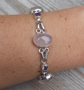 Zilveren armband met cabochon Rozenkwarts en facet Amethisten