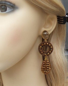 Vergulde oorbellen goud bruine kristallen en ovale Smokey Topaas