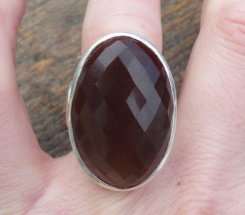Zilveren ring gezet met grote ovale facet Smokey Topaas 17 mm