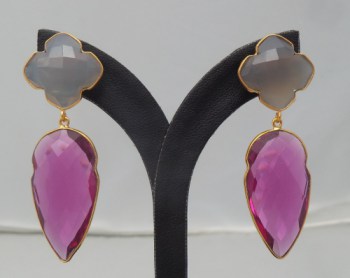Vergulde oorbellen grijze Chalcedoon en roze Toermalijn quartz
