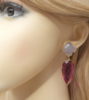 Vergulde oorbellen grijze Chalcedoon en roze Toermalijn quartz