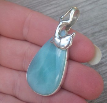 Zilveren hanger met druppelvorm Larimar en zilveren Dolfijn