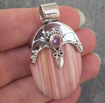 Zilveren hanger met ovale roze Opaal en ronde roze Topaas