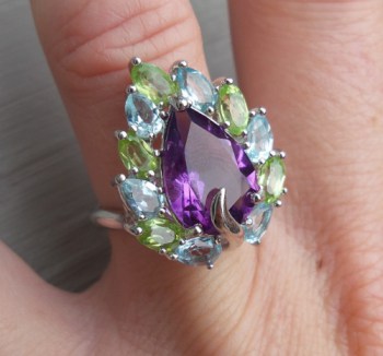 Zilveren ring met Amethist, blauw Topaas en Peridot 16.5 mm