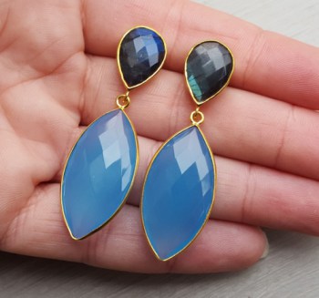 Vergulde oorbellen met marquise blauw Chalcedoon en Labradoriet