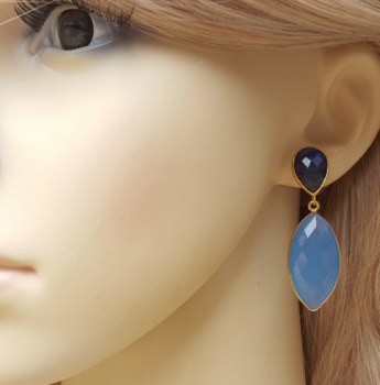 Vergulde oorbellen met marquise blauw Chalcedoon en Labradoriet