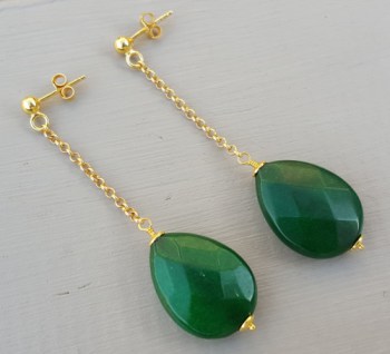 Goud vergulde oorbellen met Emerald groene Jade briolet