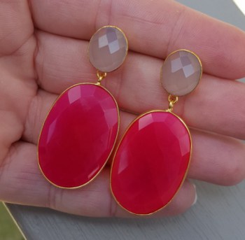 Vergulde oorbellen met roze Chalcedoon en fuchsia roze Chalcedoo