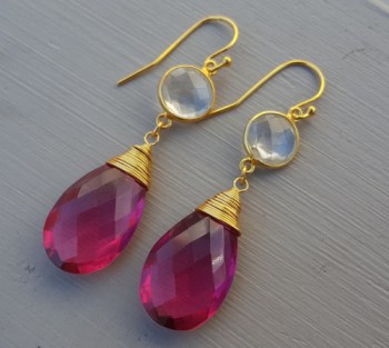 Vergulde oorbellen met roze Toermalijn quartz en Bergkristal