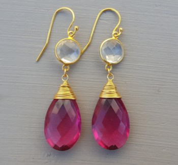 Vergulde oorbellen met roze Toermalijn quartz en Bergkristal