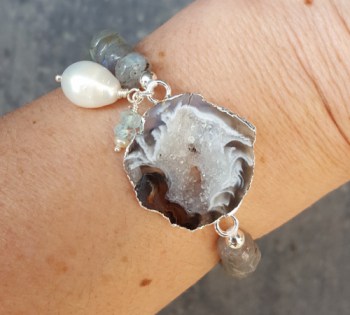 Zilveren armband met Agaat Geode, Labradoriet, Parel en Aquamari