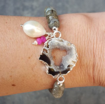 Zilveren armband Agaat Geode, Labradoriet, Parel en Chalcedoon