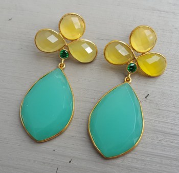 Vergulde oorbellen met gele en Chrysopraas groene Chalcedoon