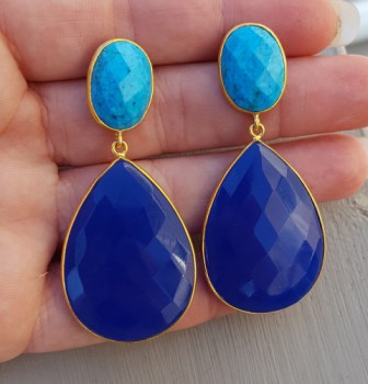 Goud vergulde oorbellen met Turkoois en blauw Chalcedoon