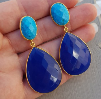 Goud vergulde oorbellen met Turkoois en blauw Chalcedoon