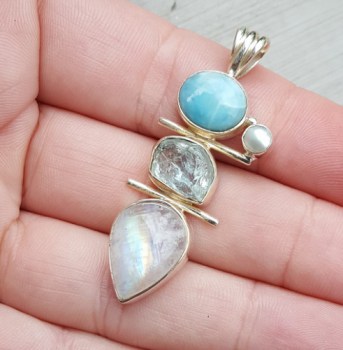 Zilveren hanger met Larimar, Maansteen en ruwe Aquamarijn