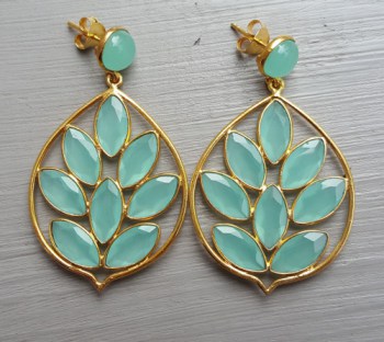 Vergulde oorbellen met ronde en marquise aqua Chalcedoon