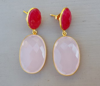 Goud vergulde oorbellen met fuchsia roze en roze Chalcedoon