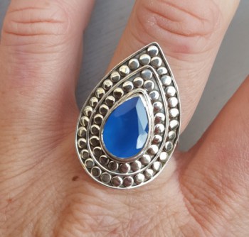 Zilveren ring druppelvormige blauw Chalcedony verstelbaar