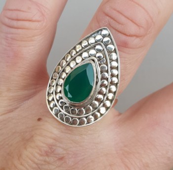 Zilveren ring druppelvormige groene Onyx verstelbaar