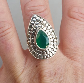 Zilveren ring druppelvormige groene Onyx verstelbaar