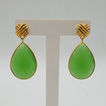 Vergulde oorbellen met Lime groene Chalcedoon briolet