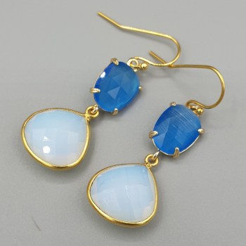 Vergulde oorbellen met Opaliet en blauw Chalcedoon