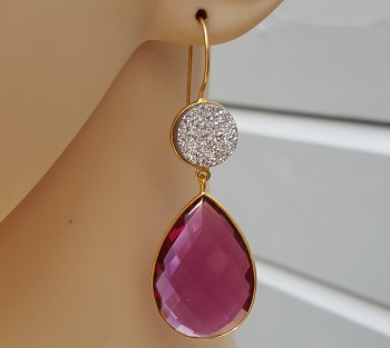 Goud vergulde oorbellen roze Toermalijn quartz en druzy Titanium