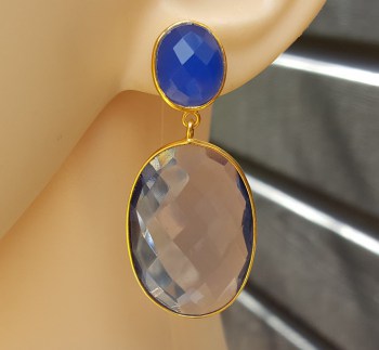 Goud vergulde oorbellen met Ioliet quartz en blauw Chalcedoon