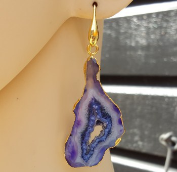 Goud vergulde oorbellen met paars / blauwe druzy Agaat