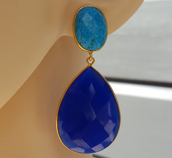 Goud vergulde oorbellen met Turkoois en blauw Chalcedoon