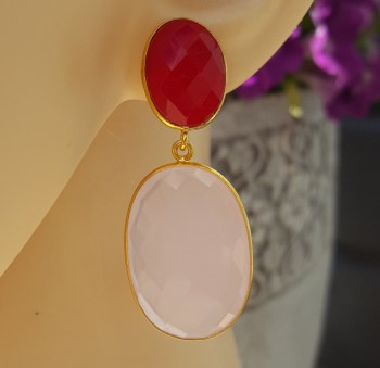 Goud vergulde oorbellen met fuchsia roze en roze Chalcedoon