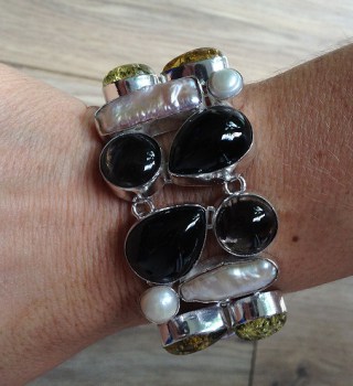 Zilveren edelsteen armband met Amber, Smokey Topaas en Parel