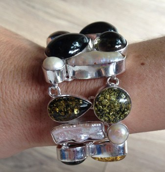 Zilveren edelsteen armband met Amber, Smokey Topaas en Parel