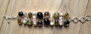 Zilveren edelsteen armband met Amber, Smokey Topaas en Parel