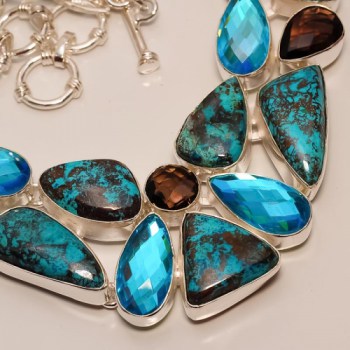 Zilveren edelsteen ketting Chrysocolla en blauw Topaas