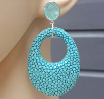 Oorbellen aqua Chalcedoon en hanger Turkoois blauw Roggenleer