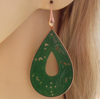 Rosé vergulde oorbellen uitgesneden groene Jade in omlijsting