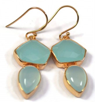 Rosé vergulde oorbellen met facet en cabochon aqua Chalcedoon