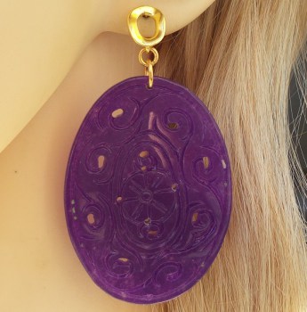 Oorbellen met grote ovale uitgesneden paarse Jade