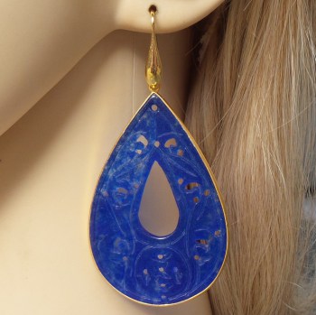 Vergulde oorbellen uitgesneden blauwe Jade in omlijsting