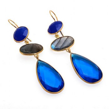 Vergulde oorbellen blauw Chalcedoon, Labradoriet en Topaas